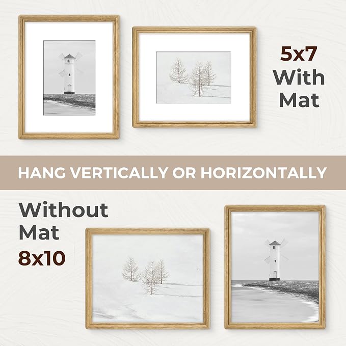 8x10 Picture Frame with Mat for 5x7, USA-Sourced Oak Wood Handcrafted Rounded Corner with HD Tempered Glass, 8 x 10 Photo Frames Gallery Wall & Tabletop, Vertically or Horizontally, 2 Pack