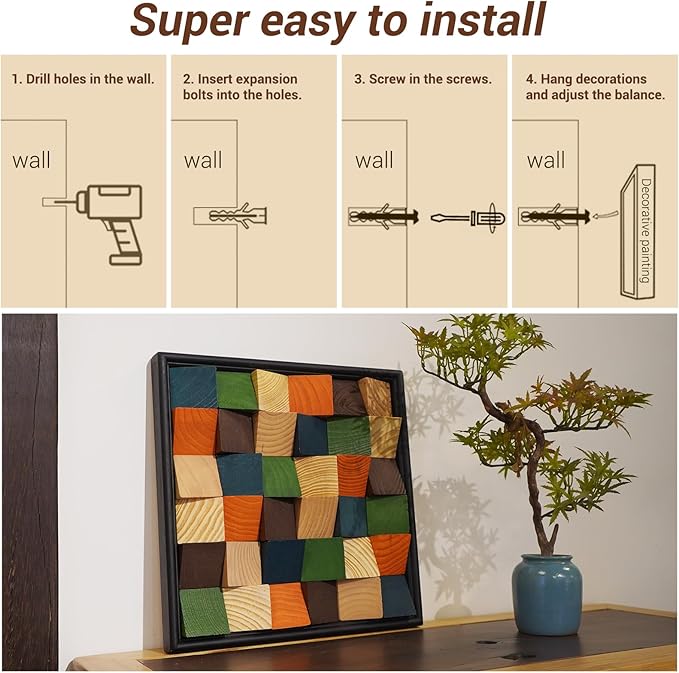 DQQWood 3D Handmade Artistic colored pine wood moasic Decorative painting. Housewarming gift decorative painting.Home Decor, Living Room Wall Painting.12.99" x 12.99"