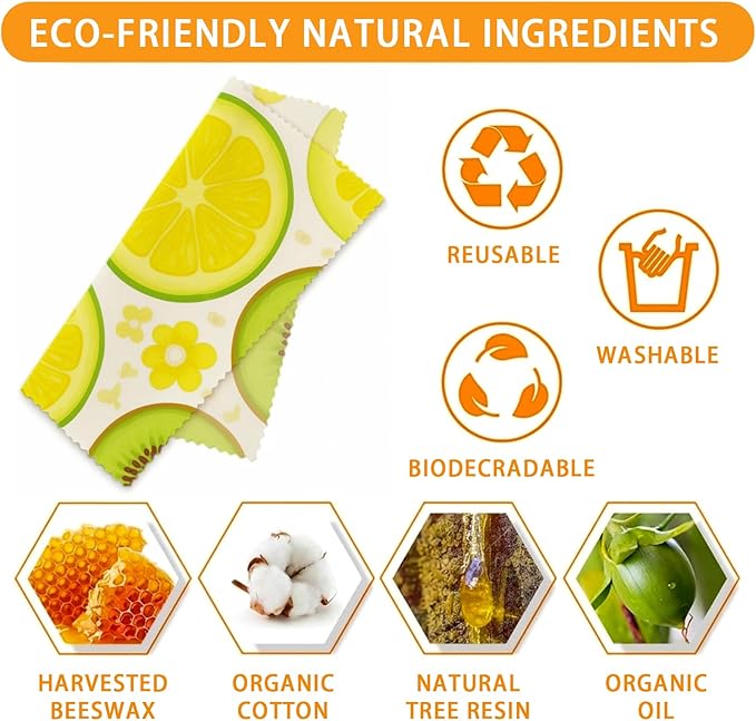 Reusable Beeswax Wraps, 9 Pack Sandwich, Bowl, Bread, Eco-Friendly, Organic, Sustainable, Zero Waste, Plastic-Free, 1XL, 3M, 5S, Fruit Pattern (Strawberry, Lemon, Kiwi, Pineapple)