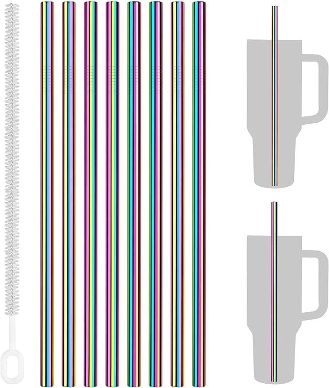 Tomorotec 8PCS Stainless Steel Straws Fit for Stanley Tumbler 40oz, 12" Metal Straws Fit for Stanley Cup with Brush, Reusable Drinking Straws for Smoothies, Dishwasher Safe & BPA-Free (Iridescent)