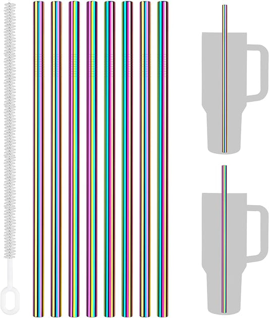 Tomorotec 8PCS Stainless Steel Straws Fit for Stanley Tumbler 40oz, 12" Metal Straws Fit for Stanley Cup with Brush, Reusable Drinking Straws for Smoothies, Dishwasher Safe & BPA-Free (Iridescent)