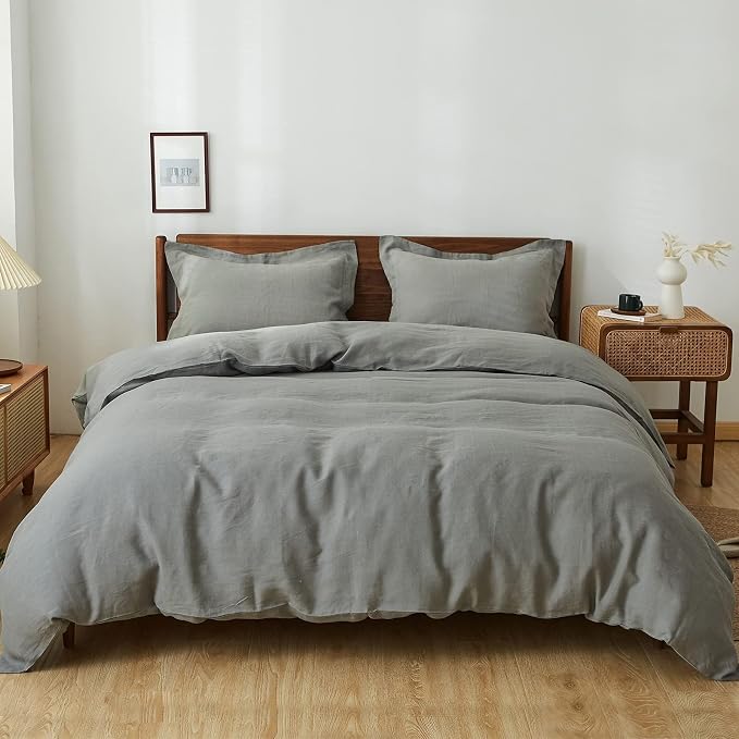 Simple&Opulence 100% Linen Duvet Cover Set, 3 PCS Ultimate Grey Duvet Cover Queen Size, Breathable Soft Comfy Linen Bedding Comforter Cover with 2 Pillowcases(Ultimate Grey, 88"x92")