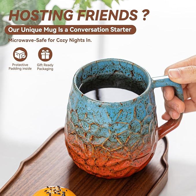 18oz Unique Blue & Orange Kiln-Change Ceramic Coffee Mug, Handcrafted Hammered Texture Ceramic Mug with Ergonomic Handle, Microwave & Dishwasher Safe, Gift for Coffee Lovers, Home Office Daily Use