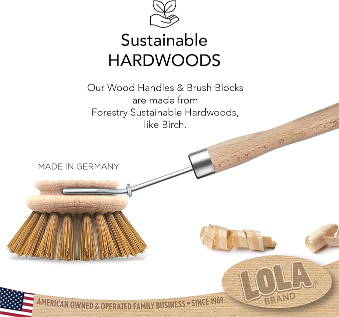 LOLA -The Original - Dishwashing & Vegetable Brush, Hardwood w/Poly Fiber Bristles, Reusable, Sustainable, Has EZ-Grip Handle - 1 Count