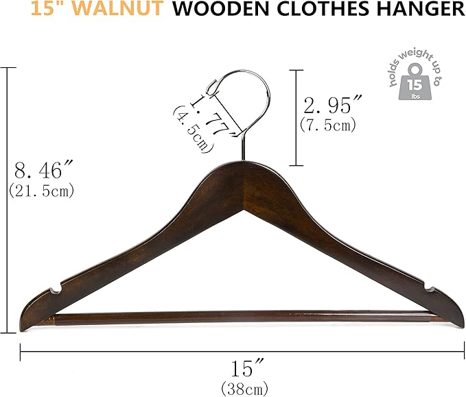 Amber Home 20 Pack 15" Walnut Wooden Clothes Hangers for Women, Teenagers - Solid Wood Dress Coat Hangers With Non-Slip Pants Bar