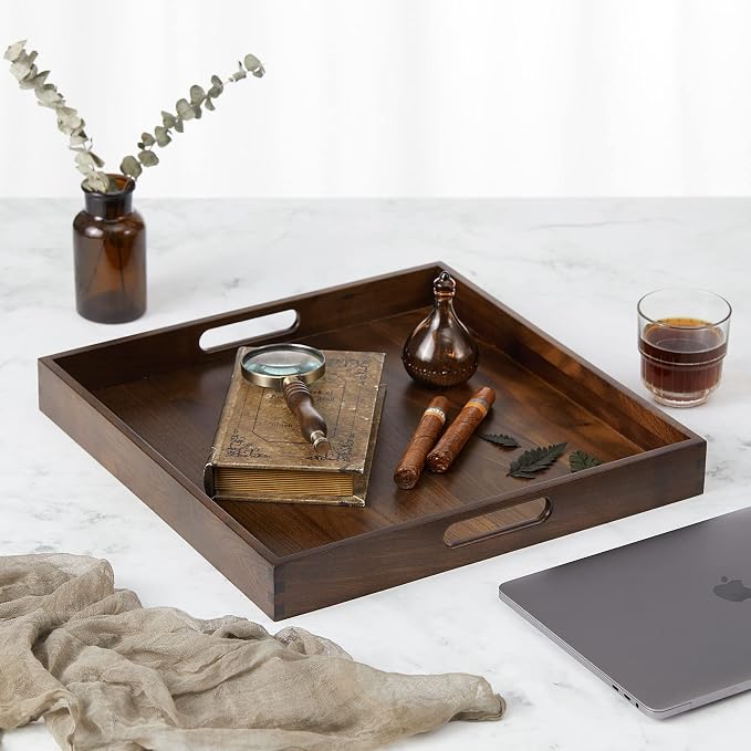 16 x 16 inches Large Square Ottoman Tray Solid Black Walnut Table Platter Decorative Wooden Serving Tray with Handle for Oversized Ottoman Home Breakfast in Bed Tea Coffee