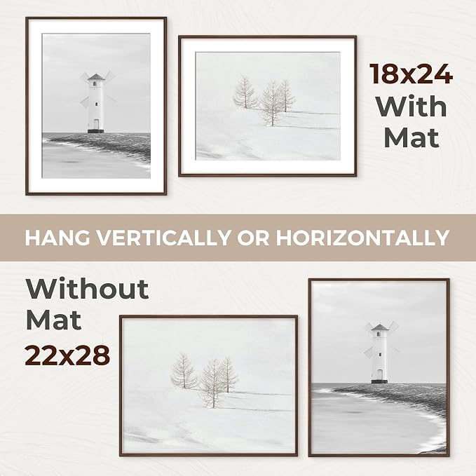 22x28 Picture Frame with Mat for 18x24, USA-Sourced Walnut Wood Handcrafted Rounded Corner with HD Tempered Glass, 22 x 28 Gallery Wall Frames for Posters & Art Prints, Vertically or Horizontally