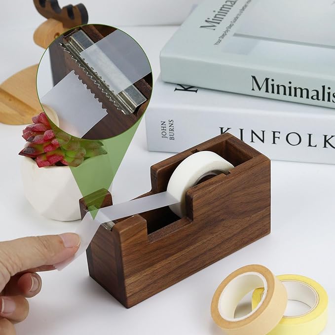 Buqoo Walnut Wood Tape Dispenser with Built-in Pen Holder – All-in-One Desk Organizer for Office/Home School