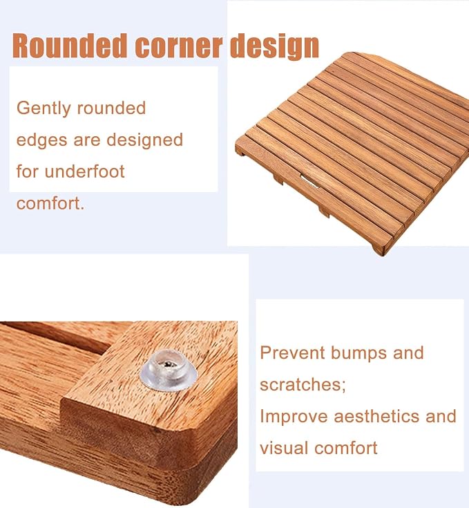Non Slip Wood Bathroom Mat, Sturdy Teak Shower Mat, Natural Bamboo Floor Mat for Spa Home Outdoor, Waterproof Durable