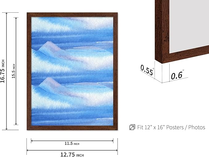 Monem Art Blue Watercolor Abstract Landscape Print - Minimalist Ocean Horizon Art Poster - Wall Decor for Living Room, Bedroom or Office - 12x16 Brown Framed Wall Art by Rs Lab Studio