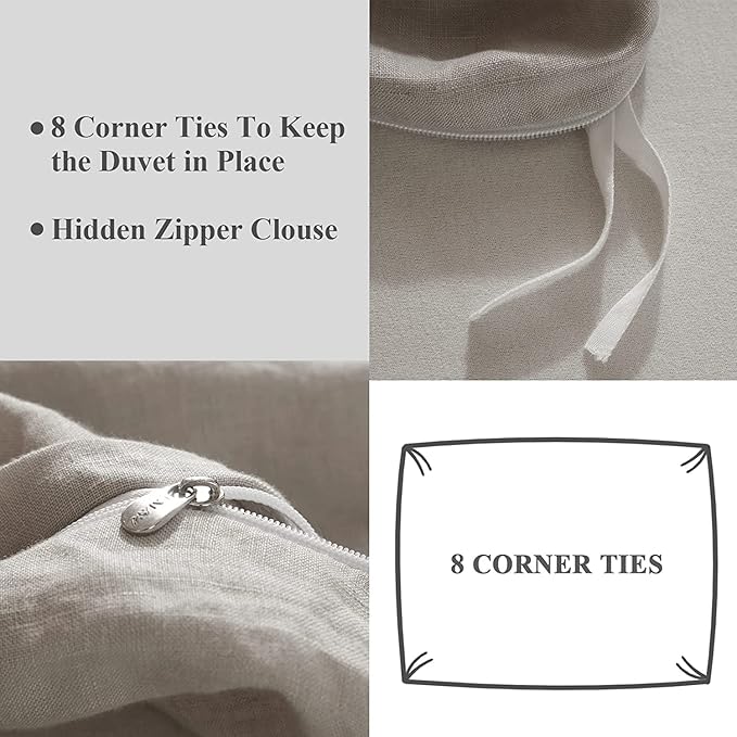 Ivellow Pure Linen Duvet Cover Queen 100% Natural Washed French Flax Linen Duvet Cover Queen Size 3 Pcs Soft Breathable Moisture Wicking Comfy Cooling Linen Bedding Comforter Cover with 2 Pillowcases