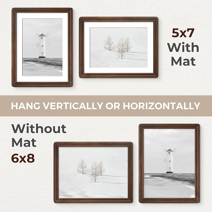 6x8 Picture Frame with Mat for 5x7, USA-Sourced Natural Walnut Wood Handcrafted Rounded Corner with HD Tempered Glass, 6 x 8 Photo Frames Gallery Wall & Tabletop, Vertical or Horizontal Display