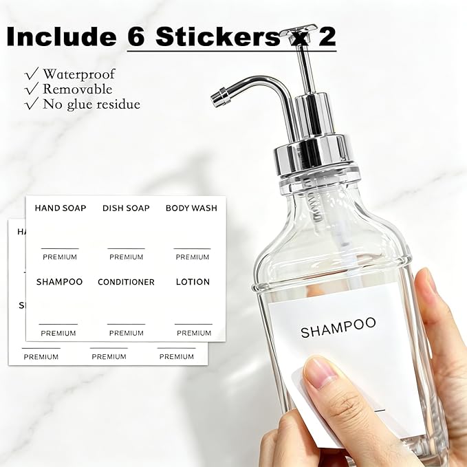 Dish Soap Dispenser for Kitchen, Hand Glass Soap Dispenser Set with Pump, Funnel for Bathroom, Shower, Laundry, Liquid, Lotion (Silver 2 Pack 18 Oz Clear Bottles with 12 Stickers)