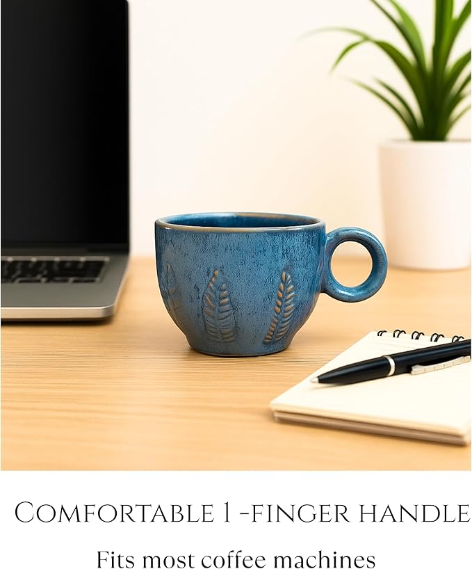 Ceramic Espresso Cup 5 oz, Stoneware Demitasse Coffee Mug with Handle, Artisan Reactive Glaze Texture, Small Latte Cappuccino Tea Cup, Microwave & Dishwasher Safe, Turquoise, Pack of 6