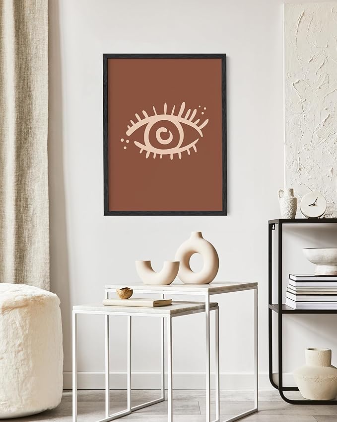 Mystical Evil Eye Wall Art Nazar Protection Symbol Earth Tones Terracotta Mid Century Modern 16x20 Inch Oak Wood Black Framed Boho Spiritual Decor Print for Home
