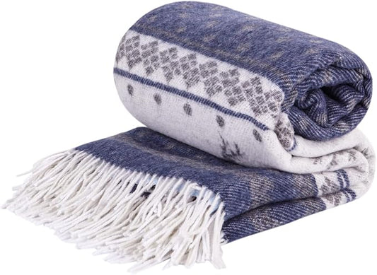 LYHome Merino Wool Blanket - Warm Throw for Cold Weather, Warmest Travel Outdoor Camping Blankets, Picnic Army and Military Throws, Comforter Soft & Cozy (55" x 79" Navy Blue with White Raindeers)