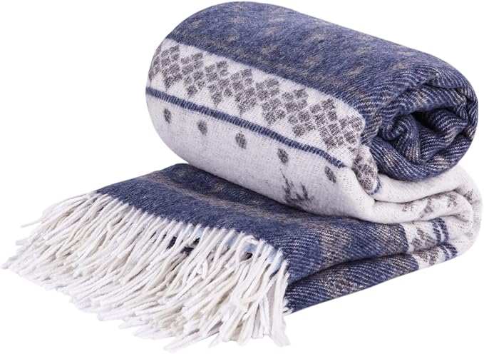 LYHome Merino Wool Blanket - Warm Throw for Cold Weather, Warmest Travel Outdoor Camping Blankets, Picnic Army and Military Throws, Comforter Soft & Cozy (55" x 79" Navy Blue with White Raindeers)
