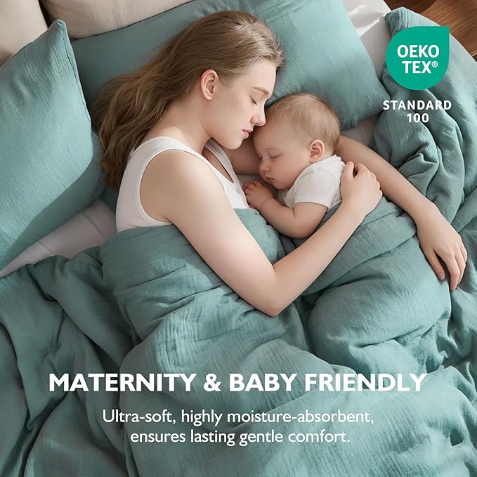 EMME Muslin Cotton Duvet Cover Set Queen Size Linen Like Soft Breathable Lightweight Summer Comforter Cover Set with Zipper Closure (Teal, Queen, 90"x90")