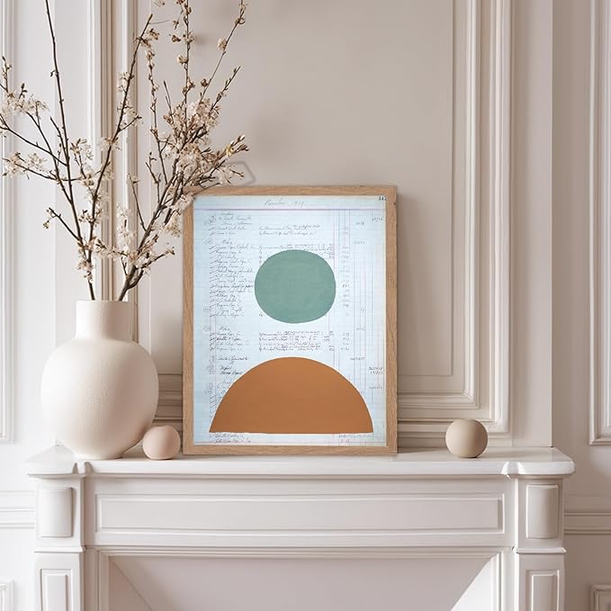 Monem Art Vintage Ledger Abstract Geometric Print - Modernist Teal and Ochre Art Poster - Wall Decor for Office, Living Room or Studio - 12x16 Beige Framed Wall Art by Renee Stramel