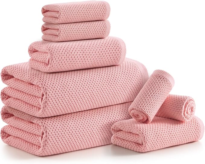 REDKISS Quick Dry Waffle Towel Set of 8, 100% Cotton,Lightweight & Highly Absorbent Waffle Towels for Bathroom, Spa, Gym, Pool-2 Bath Towels, 2 Hand Towels & 4 Washcloths,Pink