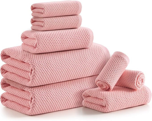 REDKISS Quick Dry Waffle Towel Set of 8, 100% Cotton,Lightweight & Highly Absorbent Waffle Towels for Bathroom, Spa, Gym, Pool-2 Bath Towels, 2 Hand Towels & 4 Washcloths,Pink