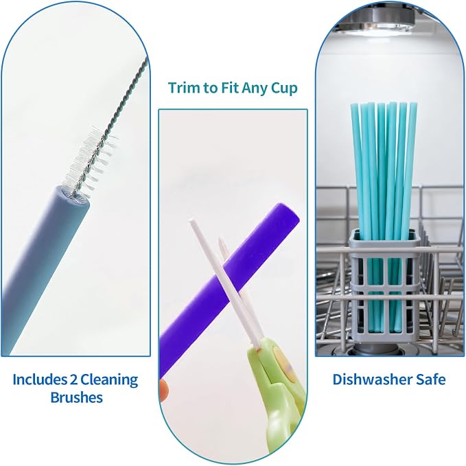 6 Pack Reusable Silicone Straws Compatible with Stanley 40oz 30oz 20oz Tumblers, 12.2" Long x 0.374" Diameter BPA-Free Drinking Straws with 2 Cleaning Brushes, Flexible Cuttable Teeth-Friendly