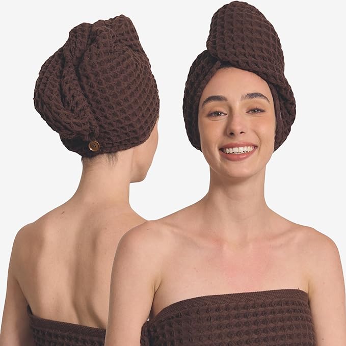 Luxury Organic Japanese Cotton Hair Drying Waffle Towel Wrap for Women | Absorbent, Quick-Dry Head Turban for Shower, Sauna, Spa | Extra Large for Long, Curly, Straight Hair With Button (Brown, 2 Pc)