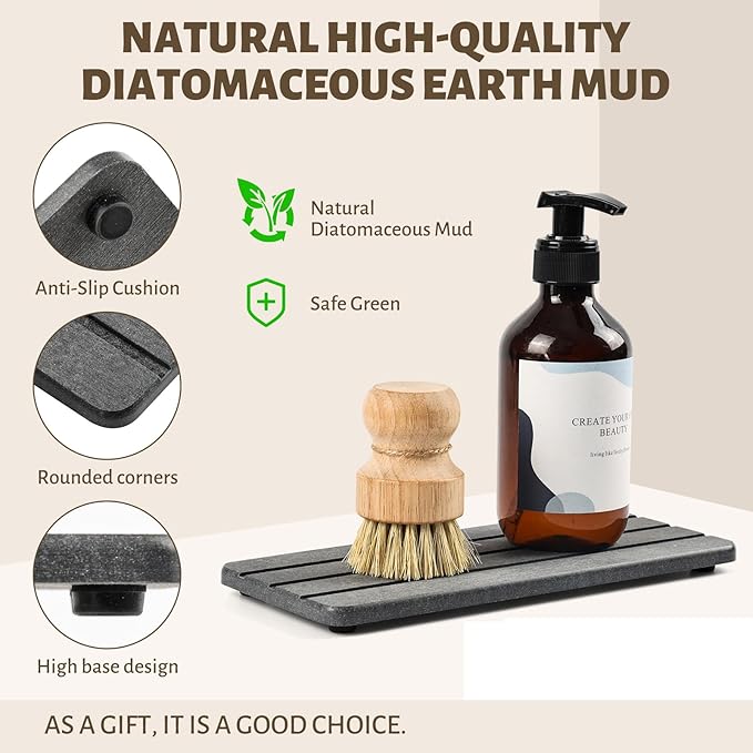 2 Pcs Fast Drying Diatomite Bathroom Tray, Grooved Design, Water Absorbing Stone, Soap Dish Holders, Sink Organizer for Bathroom and Kitchen (Dark Grey)