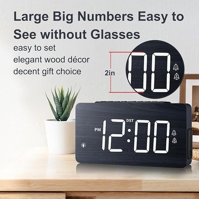LICHI Wooden Digital Alarm Clock for Bedrooms， Loud Alarm for Heavy Sleepers, Dual Use as Desk/Wall Clock, Adjustable Volume, Dimmer, DST - Wood Decor & Gifts