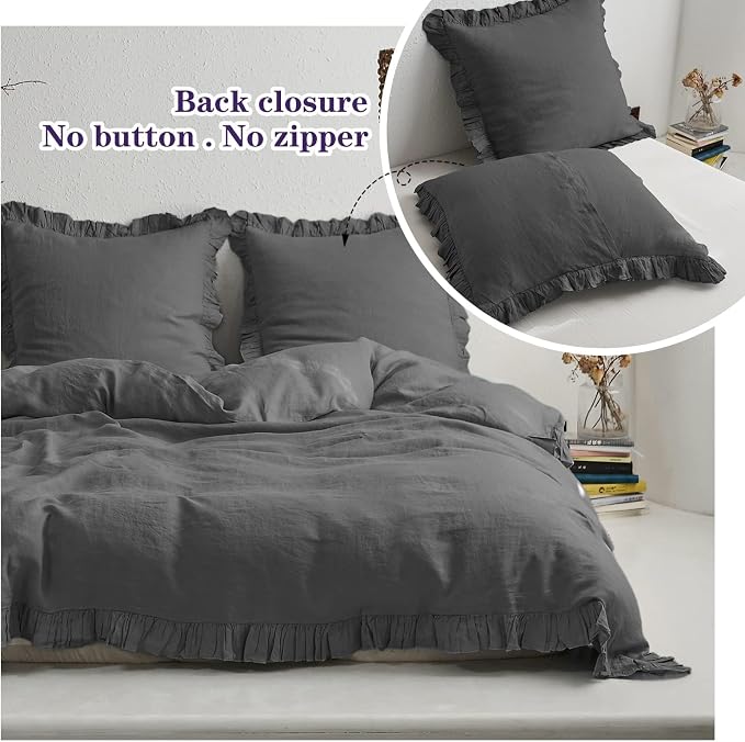 Simple&Opulence 100% Linen Euro Sham Covers with Ruffle, 26x26 Inch Pillow Covers Set of 2, Euro Pillow Shams for Bed Couch French Home Decor Luxury and Breathable Square Pillow Cases, Dark Grey