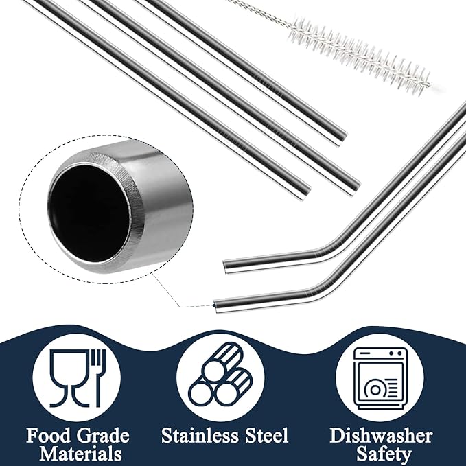 12 Pack of Reusable Stainless Steel Metal Straws, 3 Straight + 3 Bent 10.5 Inch and 3 Straight + 3 Bent 8.5 Inch Metal Straws with 2 Cleaning Brushes for 20 24 30 oz Tumbler Dishwasher Safef