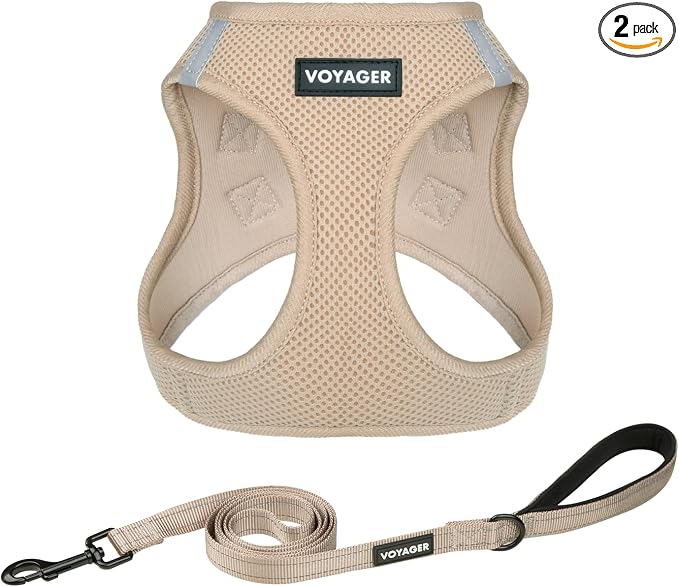 Best Pet Supplies Voyager Step-in Air All Weather Mesh Harness and Reflective Dog 5ft Leash Combo with Neoprene Handle, for Small, Medium and Large Breed Puppies - Khaki, XXXS