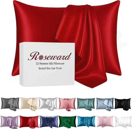 Red Silk Pillow Cases for Hair and Skin Made in USA, 22 Momme, Anti Acne Silk Pillowcase with Zipper, Organic, Hypoallergenic, Anti Wrinkle, 1 Pc 20"x26" (Standard, Red)
