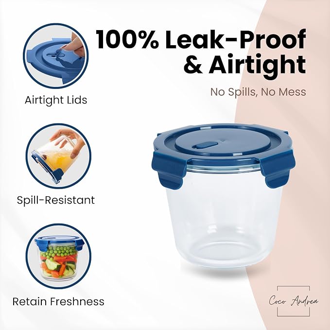 Reusable Round Glass Meal Prep Containers With Lids (4 sets) - 25oz/ 3 Cup Food Storage Containers With Lids - Airtight Microwave Safe Lunch & Soup Containers Glass - Ideal for Meal Prep