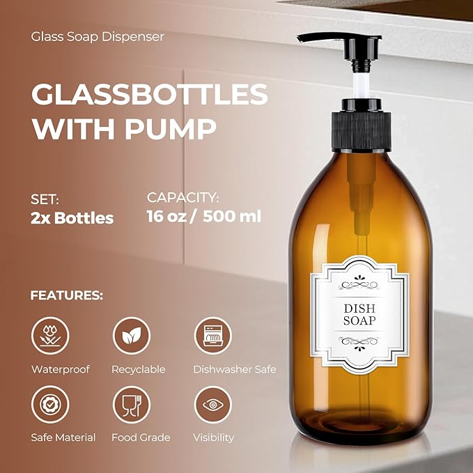 16 oz Amber Glass Soap Dispenser with Pump, Glass Pump Bottle for Lotion Body Oil, 500ml Hand and Dish Soap Dispensers Set with Storage Caps, Labels - 2 Pack