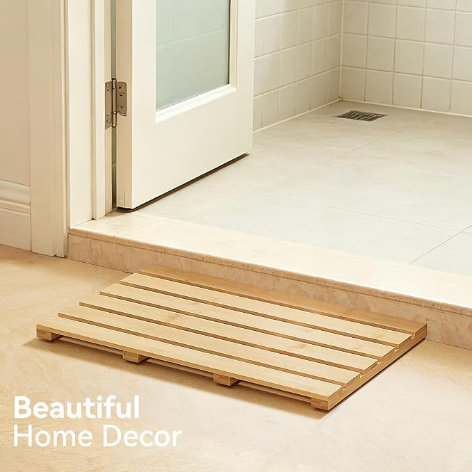 Bamboo Bath Mat, Non-Slip Waterproof Shower Mat with Rubber Feet Luxury Spa-Grade Wooden Floor Mat for Bathroom, Bathtub, Sauna, Indoor & Outdoor Use