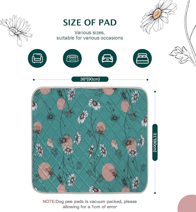 IEUUMLER Washable Pee Pads for Dogs, 2 Pack Non-Slip & Waterproof Whelping Pad, Reusable Puppy Potty Training with Fast Absorbent for Playpen EU007 (Teal Daisy, 31"X36"-2pcs)