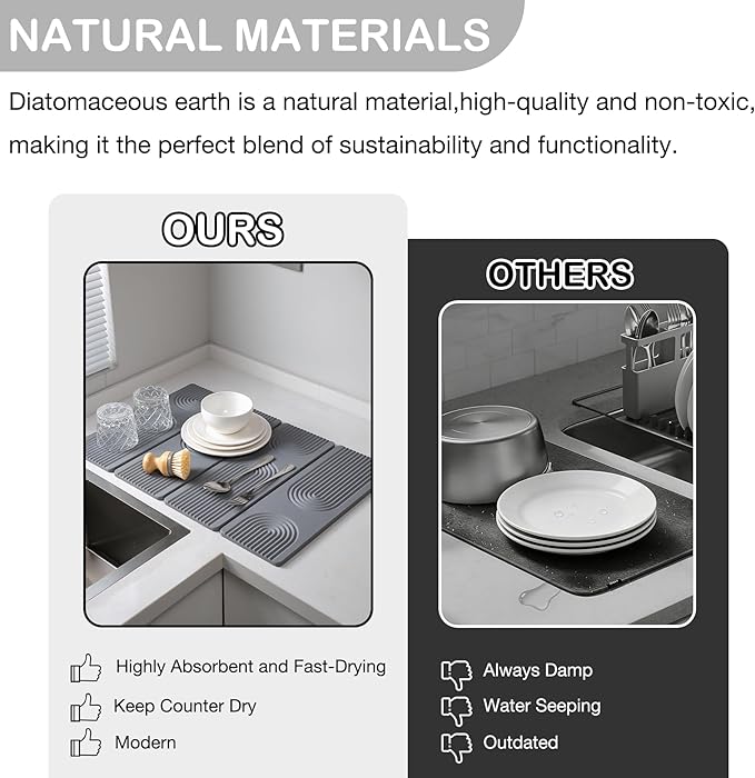 23.6"×15.7" Diatomaceous Earth Stone Dish Drying Mat, Foldable Super Absorbent Quick Dry Non-Slip Eco-Friendly Pad for Kitchen Counter, Dishes, Cups, Bottles & Utensils, Light Gray