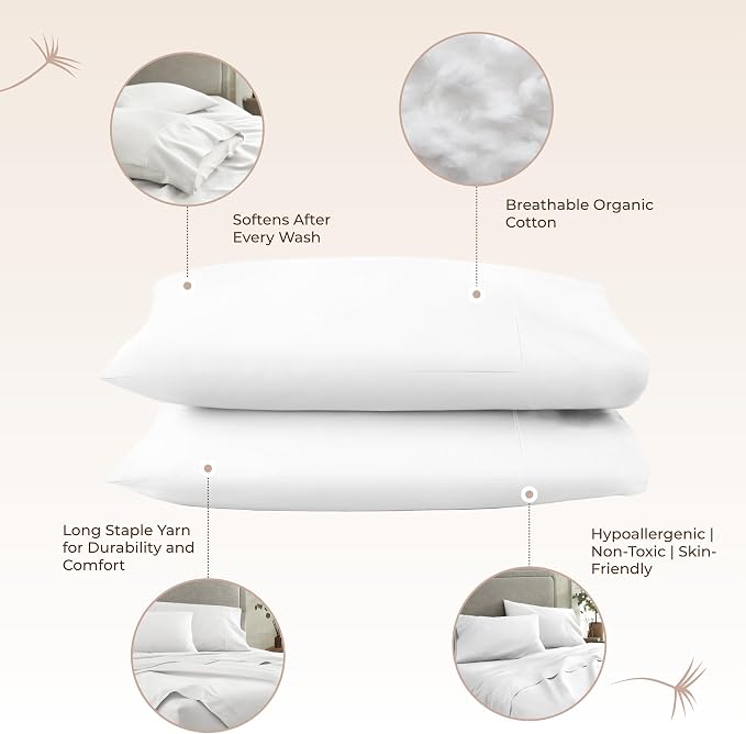 100% Organic Cotton Pillow Cases King Size Set of 2-100% Cotton Pillowcases GOTS Certified 300 Thread Count - Naturally Cooling Comfortable Breathable & Soft Pillow Cases (White, King)