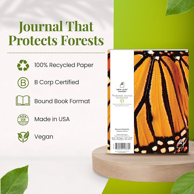 Photoreal Journal, 100% Recycled, Monarch Butterfly, 9.75" x 7.75", 192 Pages Dotted Grid, Perfect Bound, FSC Certified, Made in USA