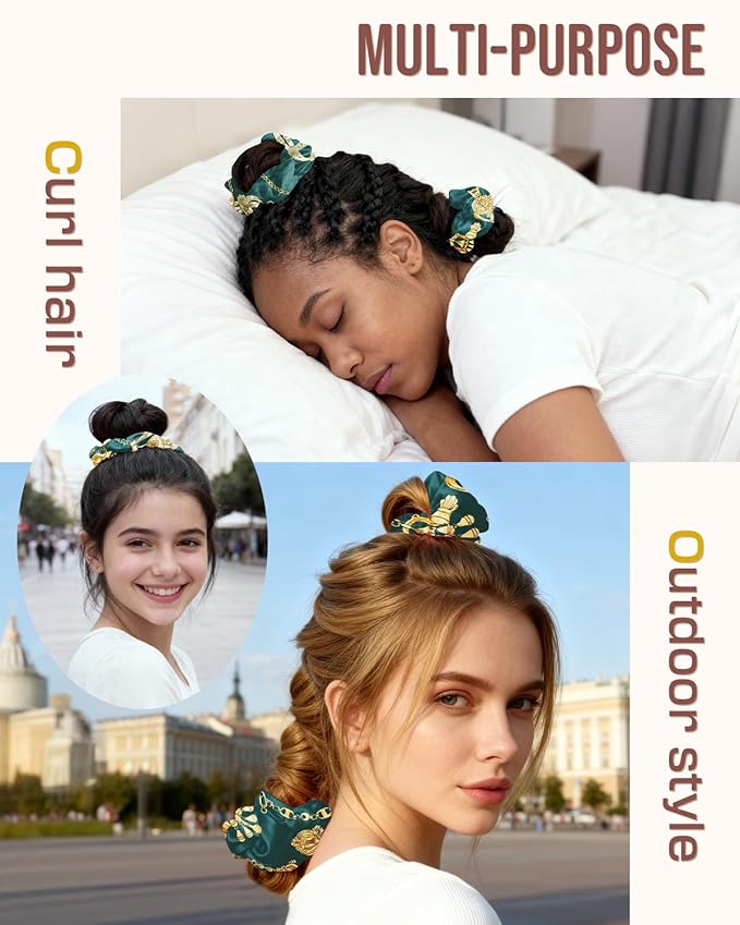 BONNET QUEEN Multi-function Satin Heatless Hair Curler & Hair Tie Non-Heating Hair Roller Curling Rod with Scrunchie, Large, DarkGreen(For Big Curls)