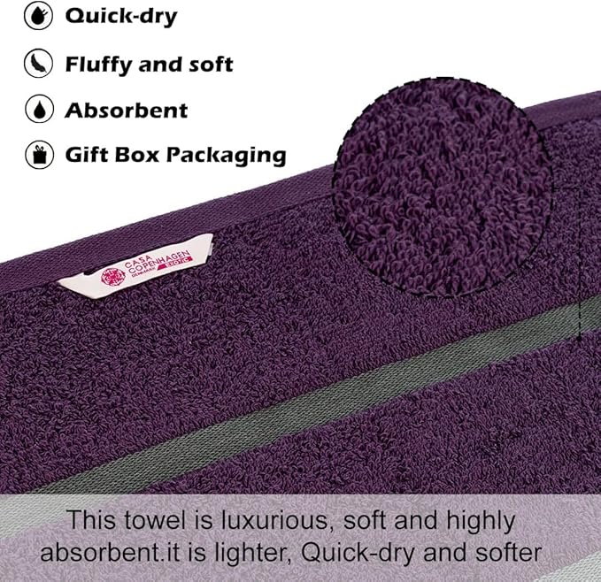 CASA COPENHAGEN Exotic 6Pcs 100% Egyptian Cotton Designer Towels Gift Set- Dark Purple, 550GSM,2Bath2Hand2Washcloths,Bath Towels for Bathroom (Box Pack,Gift Ribbon Set for Women & Men)