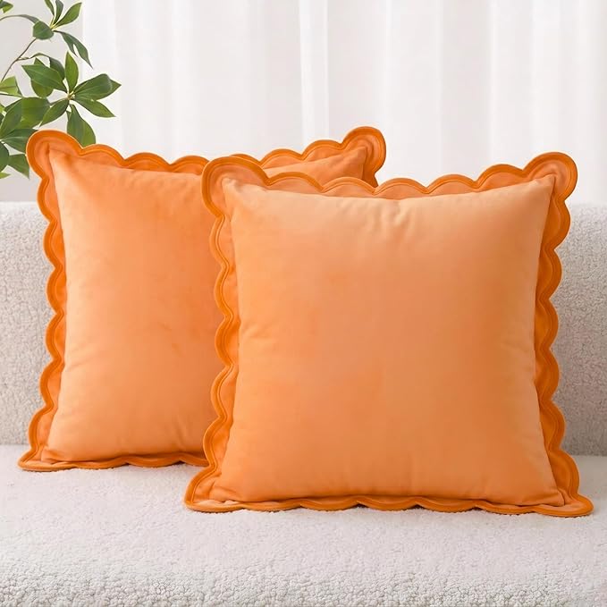 Folkulture Throw Pillow Covers | (18 x 18) Set of 2 Orange Pillow Covers for Living Room Decor | Boho Throw Pillow or Accent Pillow | Scalloped Pillow Cover for Housewarming Gifts & Summerween Decor