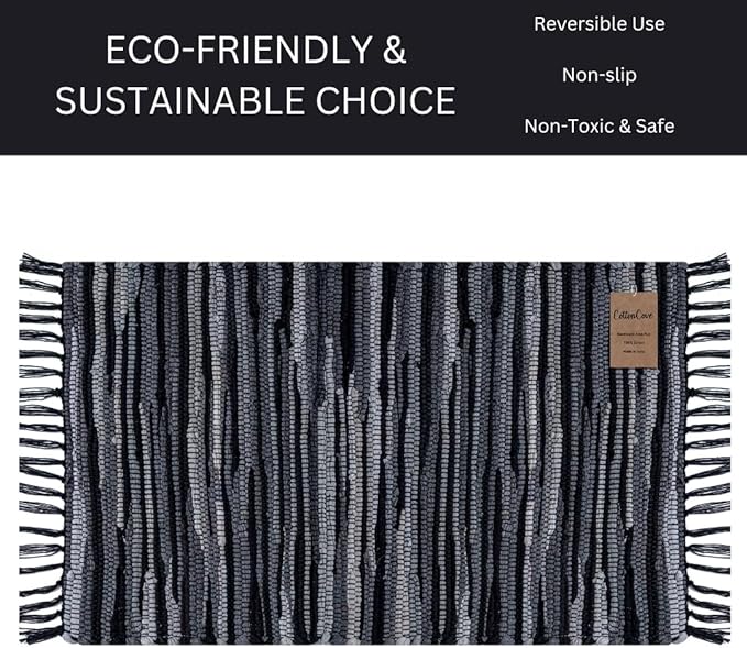 Cotton Chindi Rug - Boho Rustic Area Accent Throw Rug - Area Floor Carpet for Bedroom Living Room Kitchen Dorm Entryway Hallway - 20x32 inch Hand Woven Reversible Area Rug Black Multi