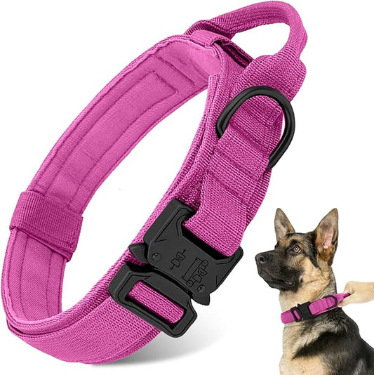 Tactical Dog Collar - Adjustable Heavy Duty Metal Buckle Nylon Collar with Control Handle for Small, Medium, Large Dogs (Pink, L)