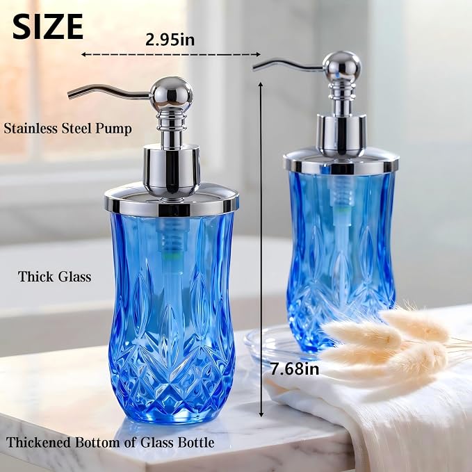 2 Pack 9 Oz Glass Soap Dispenser with Stainless Steel Pump, Blue Round Textured Refillable Soap Dispenser with Vertical Fluting for Lotion, Hand Soap, Body Wash, Kitchen Bathroom Counter Organizer