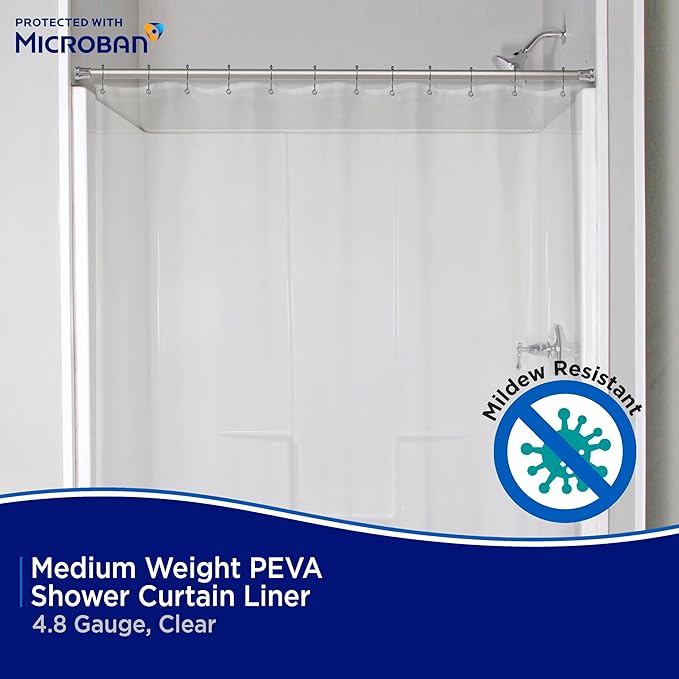 Kenney – Microban PEVA Shower Curtain Liner, Waterproof Medium-Weight Design with Rust-Resistant Metal Grommets & Weighted Magnetic Hem, 70" x 72", Clear