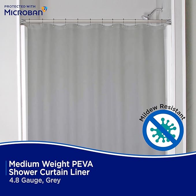 Kenney - Microban PEVA Shower Curtain Liner, Waterproof Medium-Weight 4.8 Gauge Design with Rust-Resistant Metal Grommets and Weighted Magnetic Hem, 70" x 72", Gray