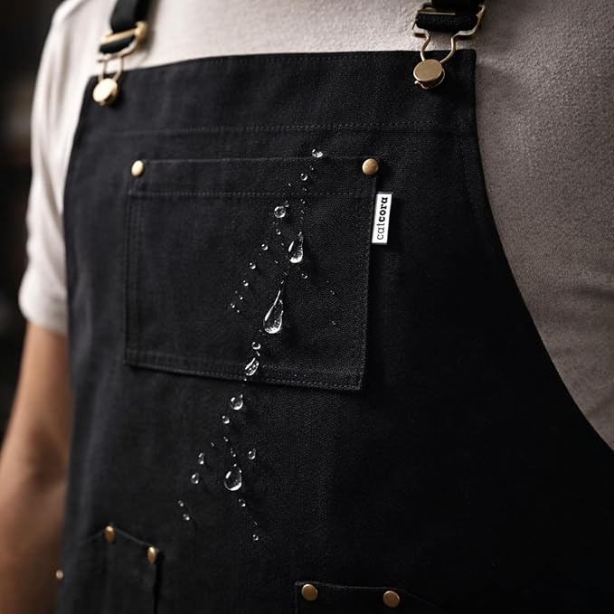 CatCora Kitchen Apron, Black, Heavyweight Cotton Canvas, Spill-Shedding Finish, Full Coverage, Fade-Safe, 3 Pockets, Unisex