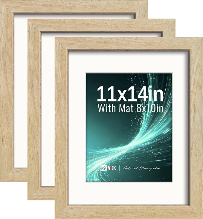 VCK 11x14 Picture Frames Natural - 3 Pack, Wide Border Solid Wood, Tempered Glass, Display 8x10 Photo with Mat or 11 x 14 Without, for Home, Office, Gallery, Woodgrain Series, Wall Hanging